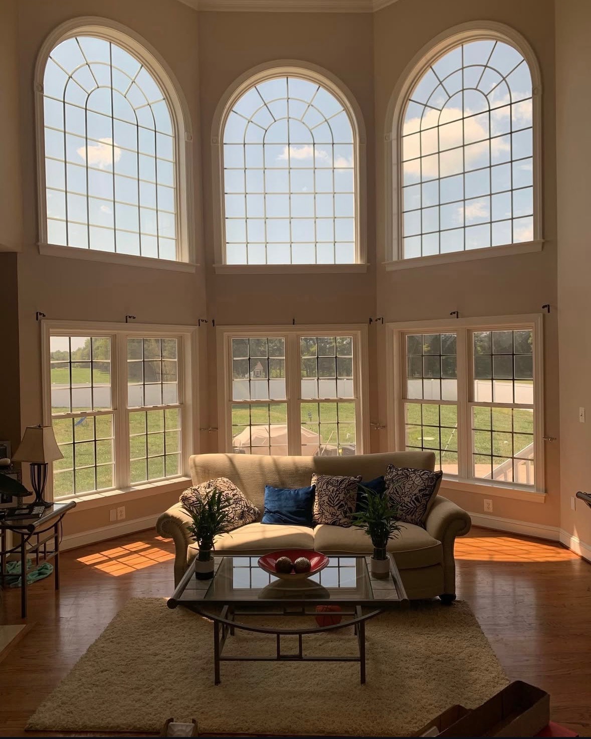 Tall living room windows with ceramic solar control film
